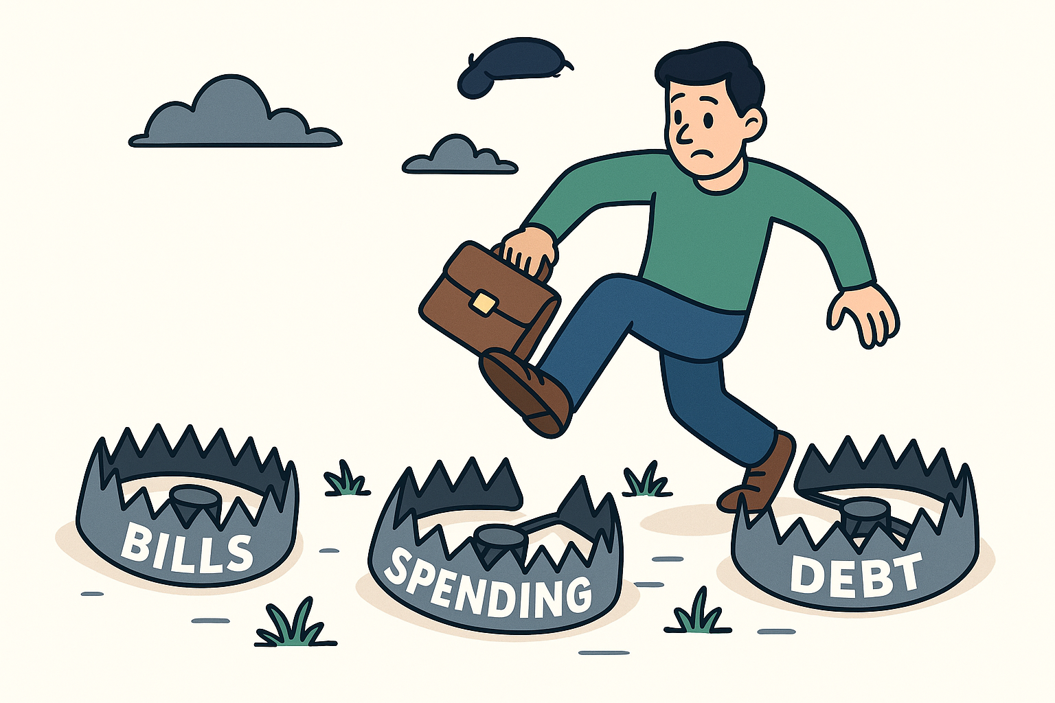 Person stepping over financial traps labeled bills, spending, and debt