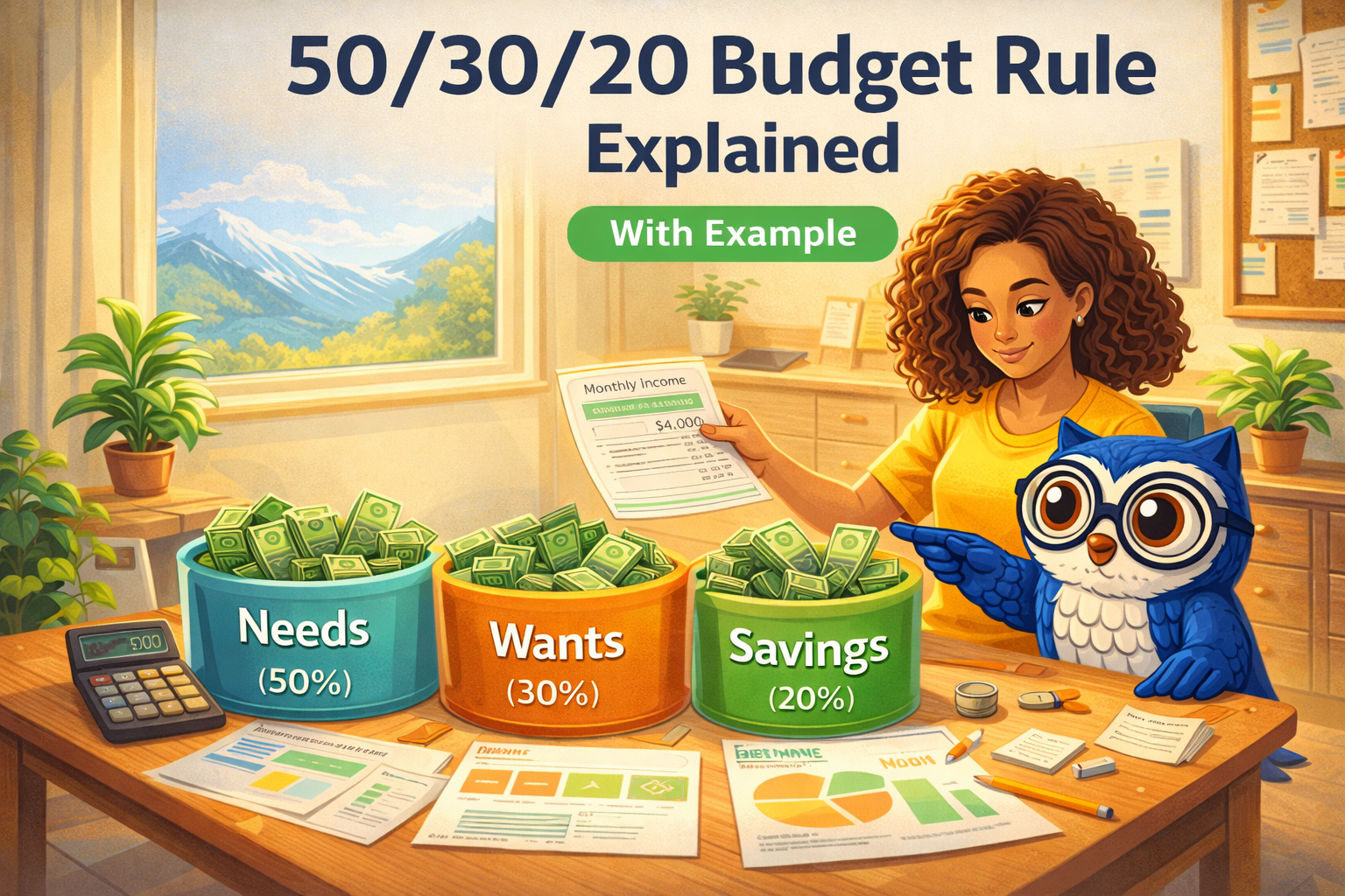 Person organizing income into needs wants and savings with BuddyMoney owl guiding them