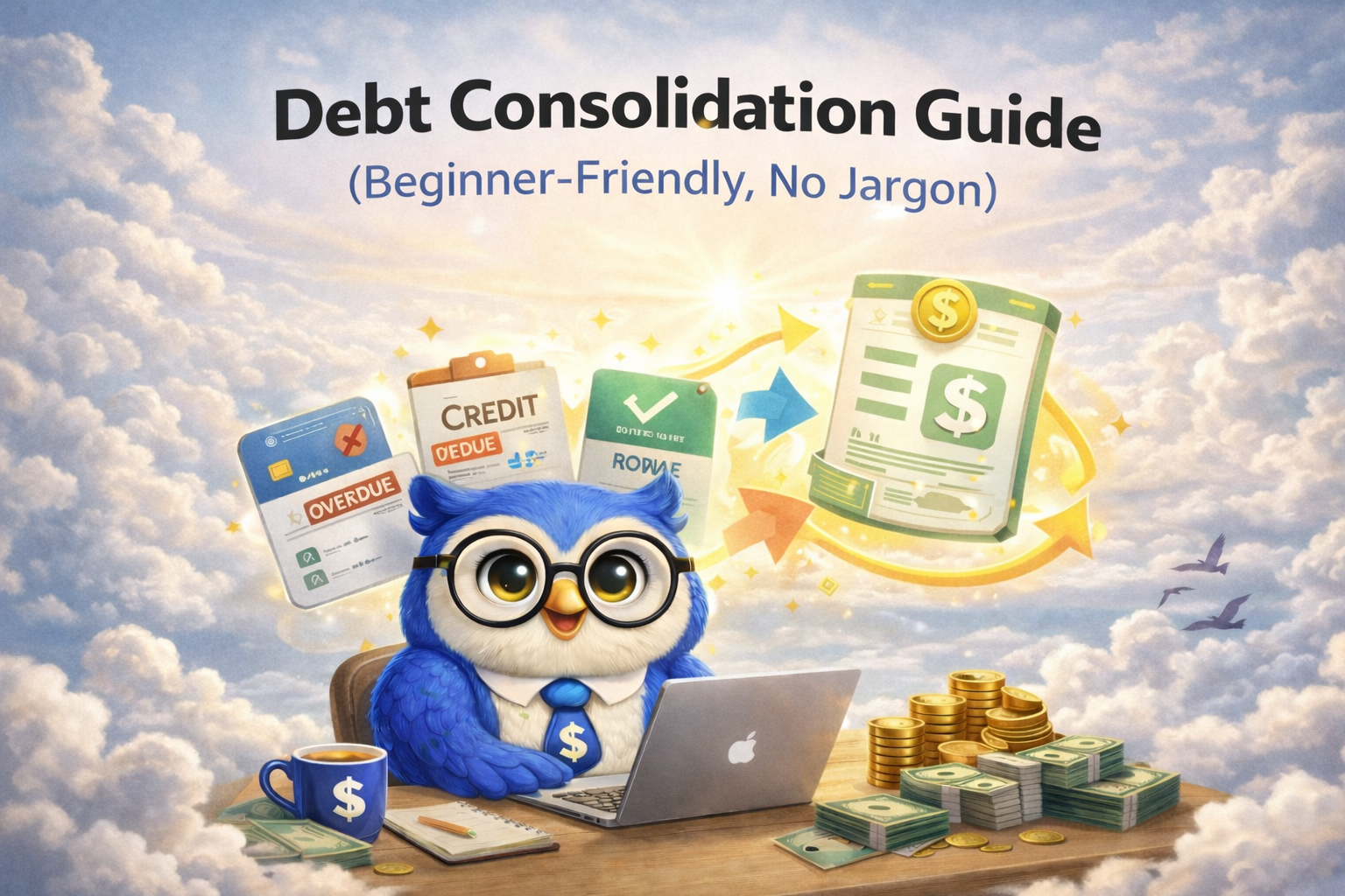 Illustration showing multiple debts combining into one simple payment