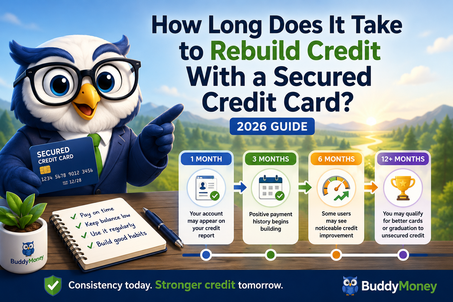 BuddyMoney owl showing a credit rebuilding timeline with a secured credit card