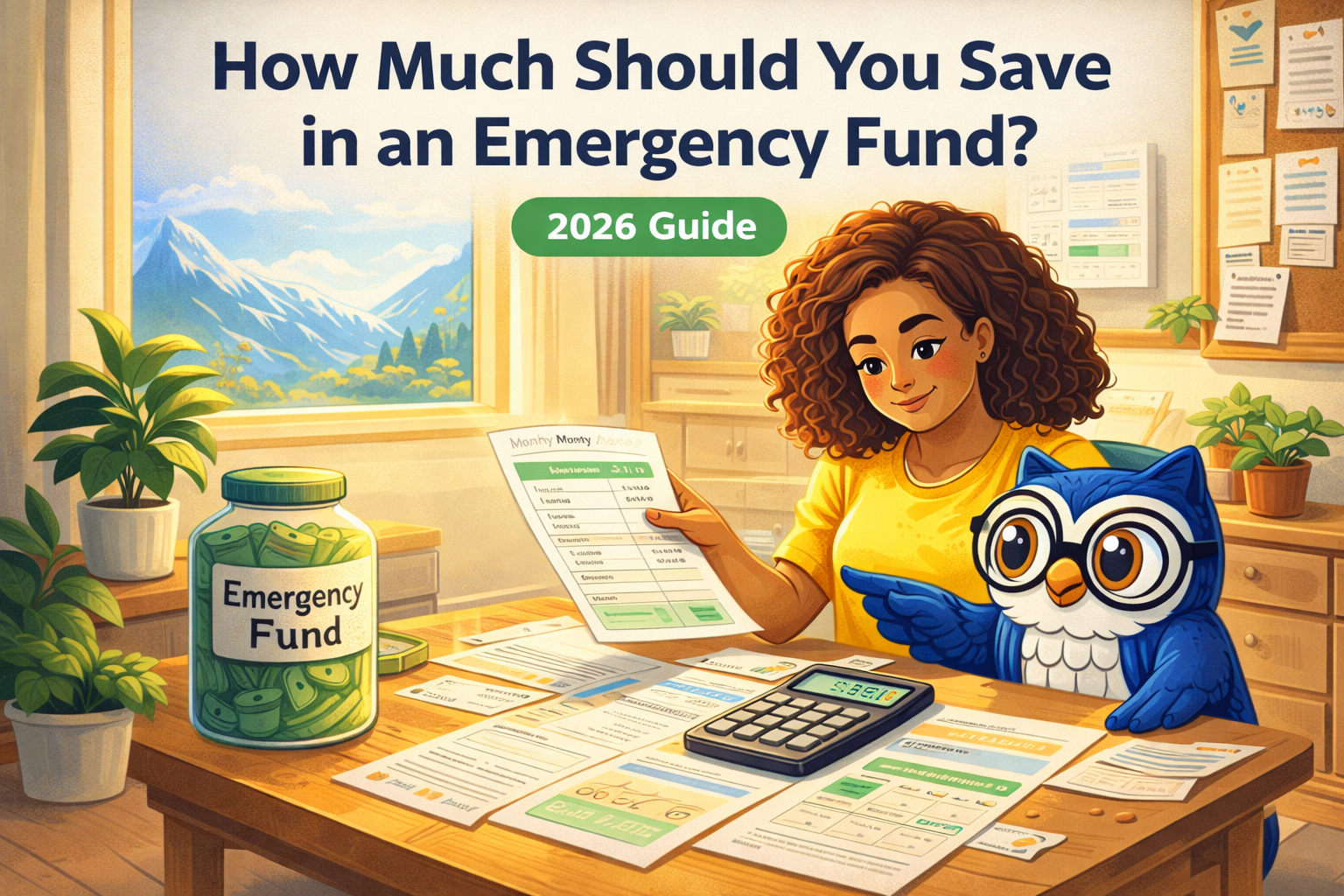 Person calculating emergency fund savings with BuddyMoney owl guiding them