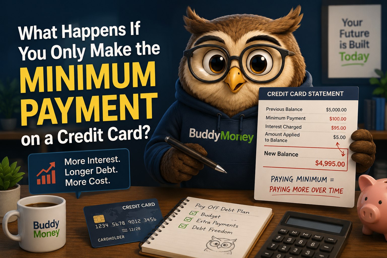 Credit card statement showing a minimum payment and growing interest charges