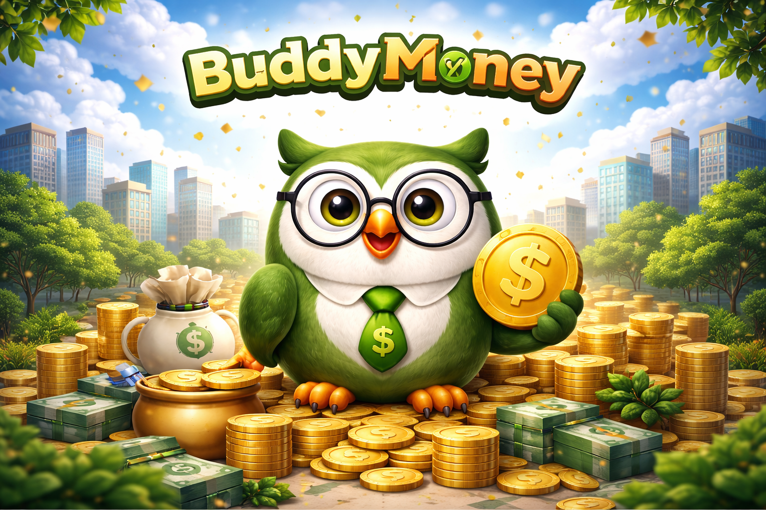 A handsome owl showing off his stacks of gold coins.