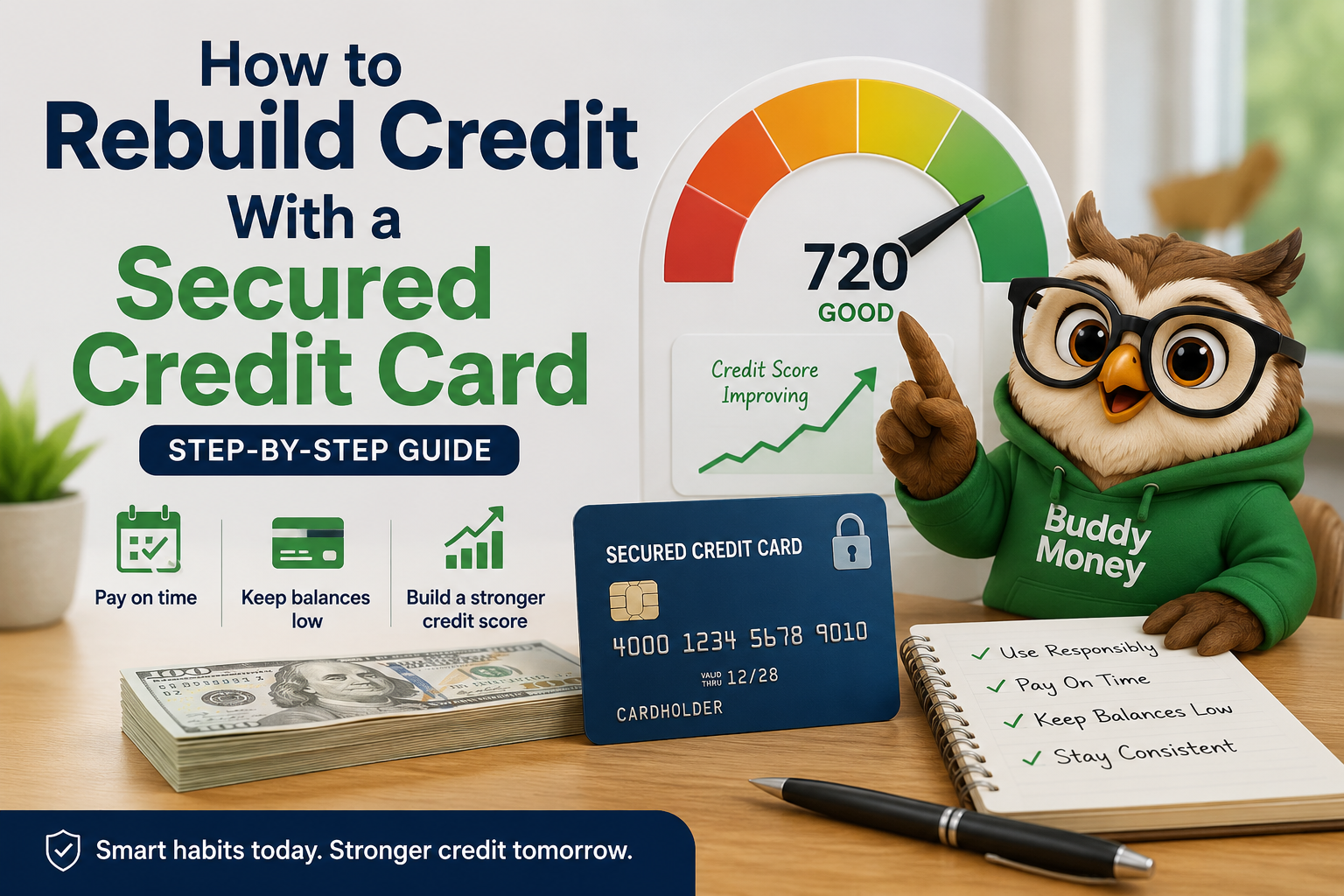 Person rebuilding credit score using a secured credit card while BuddyMoney owl guides the process