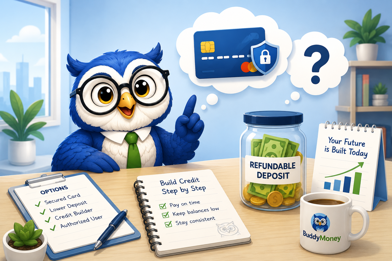 BuddyMoney owl explaining secured credit cards and no deposit options