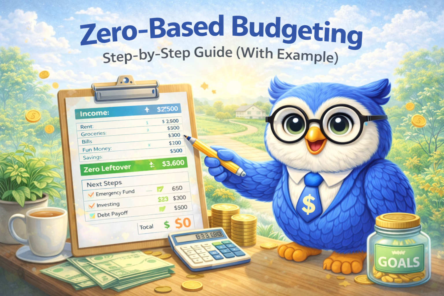 A budgeting worksheet showing income and expenses balanced to zero