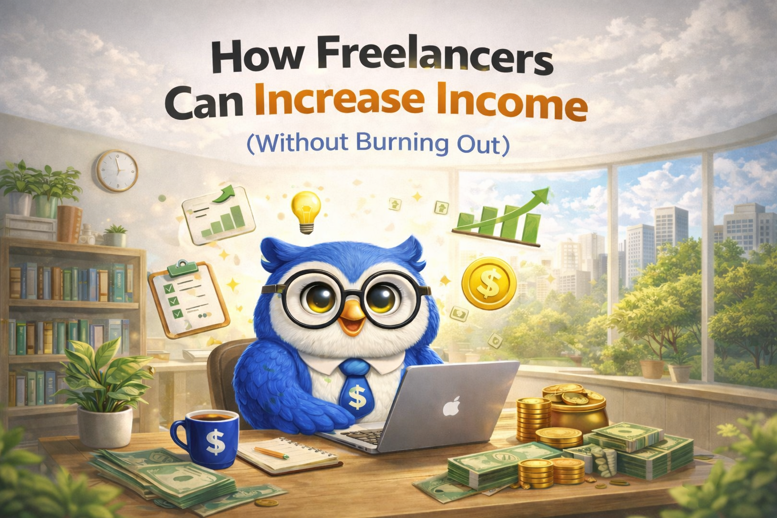 Friendly owl freelancer working on laptop with money growth icons